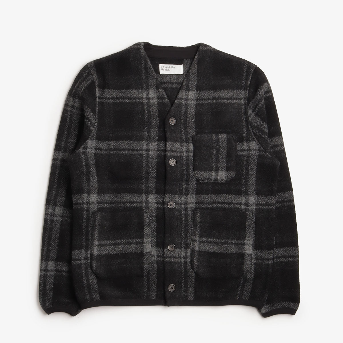 main Universal Works Cardigan, MOH Check Fleece Grey, Detail Shot 1