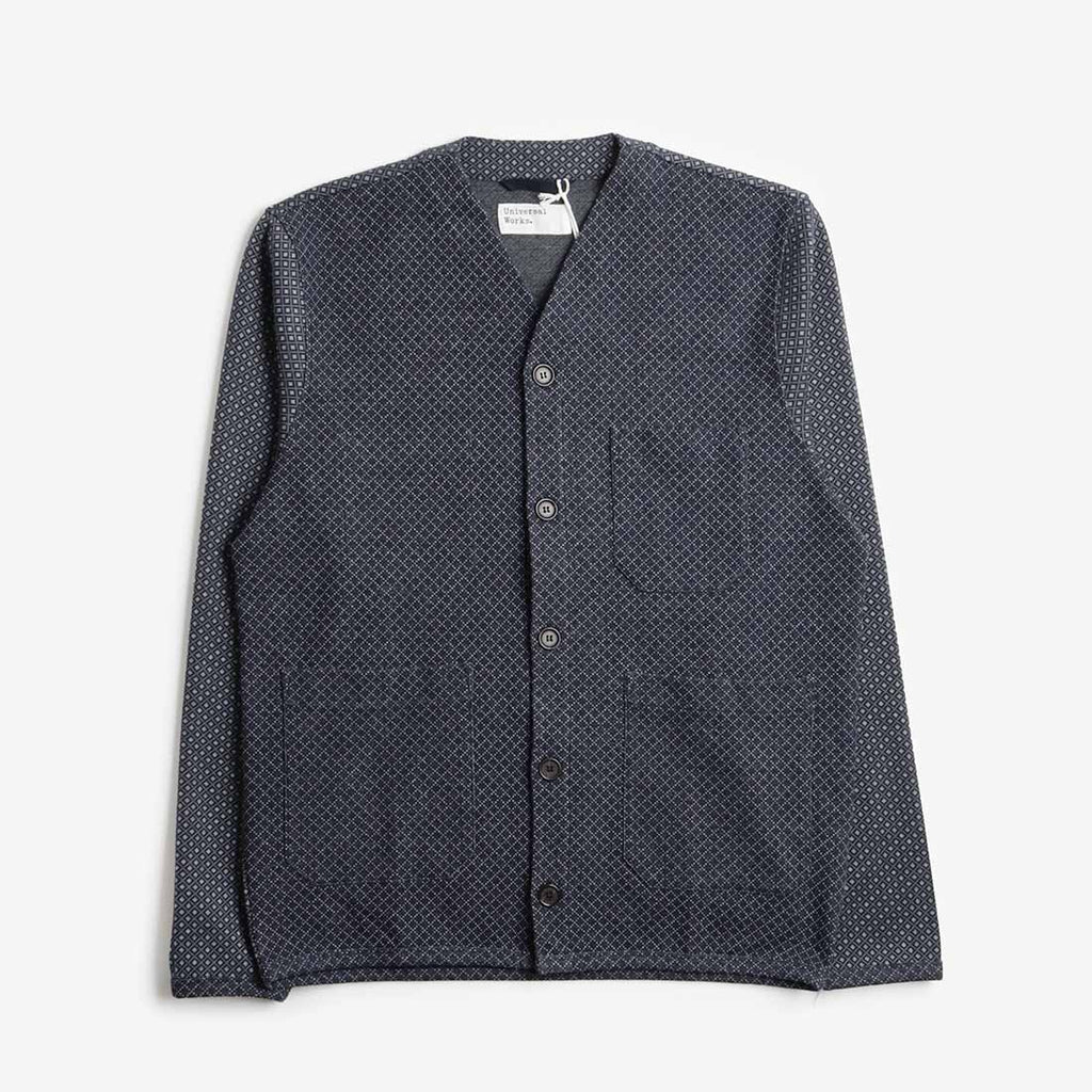 Universal Works Cardigan, Navy Cotton Mix Fleece, Detail Shot 1