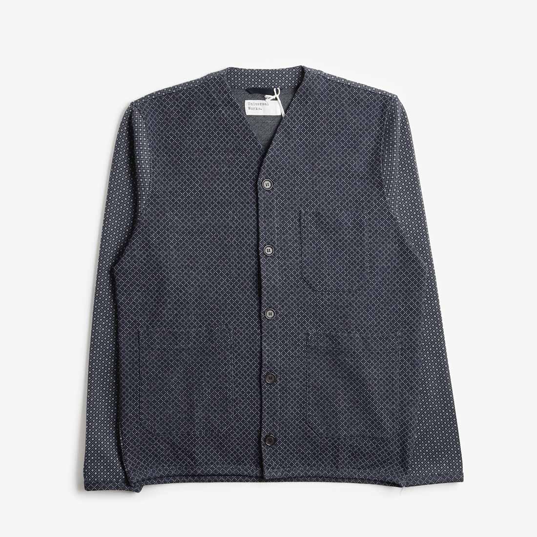 Universal Works Cardigan, Navy Cotton Mix Fleece, Detail Shot 1