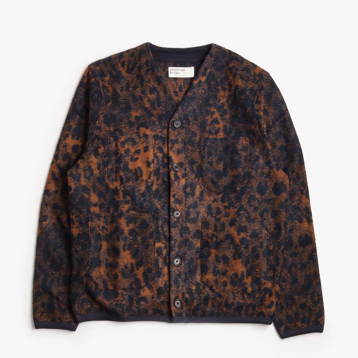 Universal Works Cardigan, Night Leopard Dark Navy Brown, Detail Shot 1