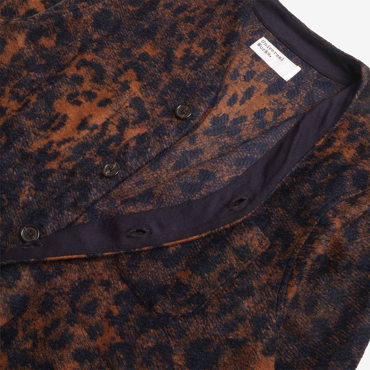 main Universal Works Cardigan, Night Leopard Dark Navy Brown, Detail Shot 4