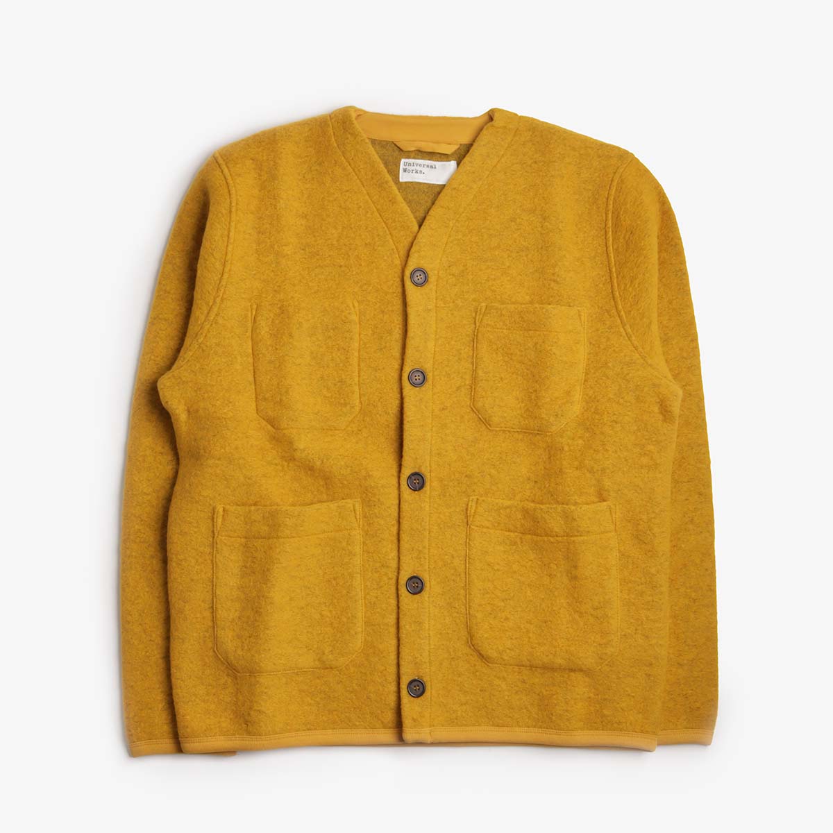 Universal Works Cardigan, Wool Fleece Yellow, Detail Shot 1