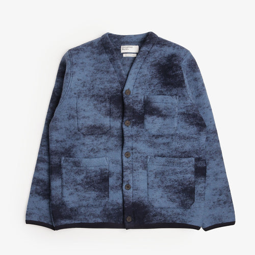 Universal Works Cloud Camo Knit Cardigan in Blue, front view