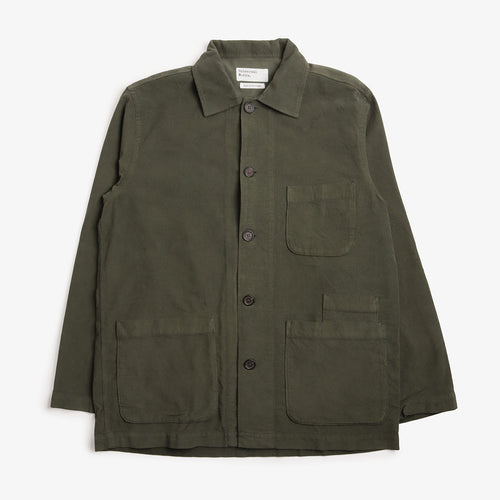 Universal Works Fine Cord Bakers Overshirt in Olive, front view