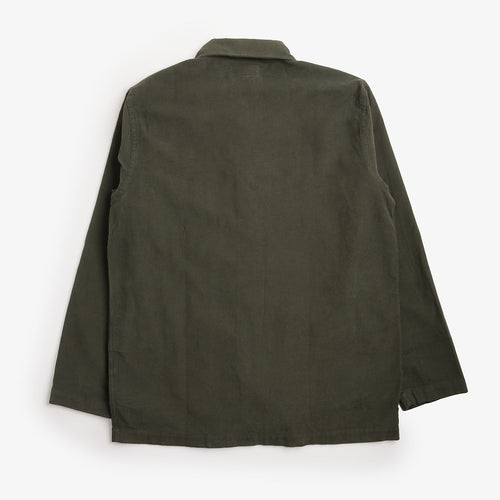 Universal Works Fine Cord Bakers Overshirt in Olive, back view