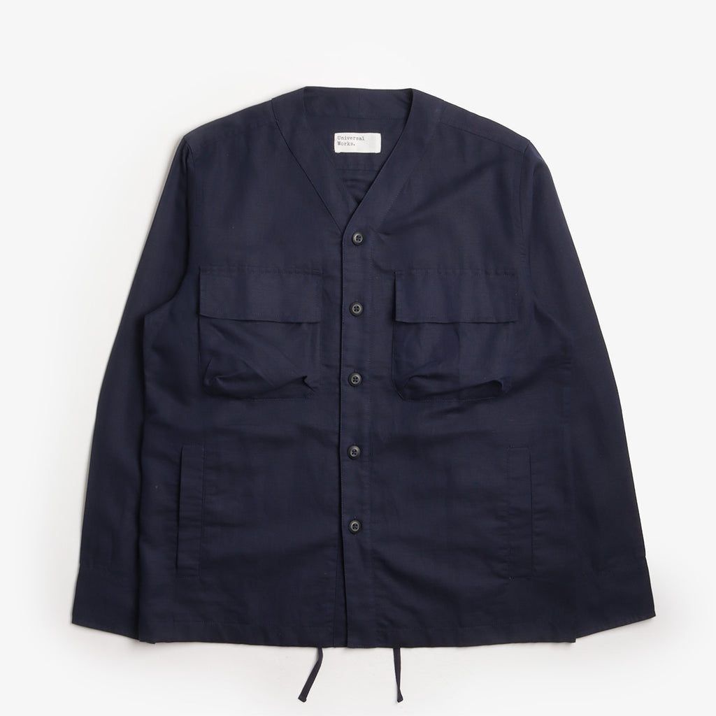 Universal Works Parachute Shirt, Navy Linen Cotton Shirting, Detail Shot 1