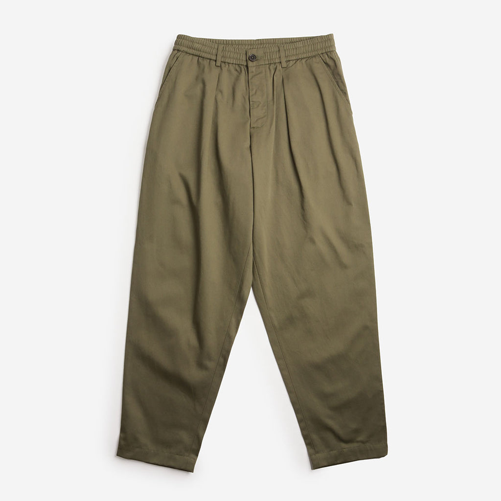 Universal Works Pleated Track Pant, Light Olive Twill, Detail Shot 1