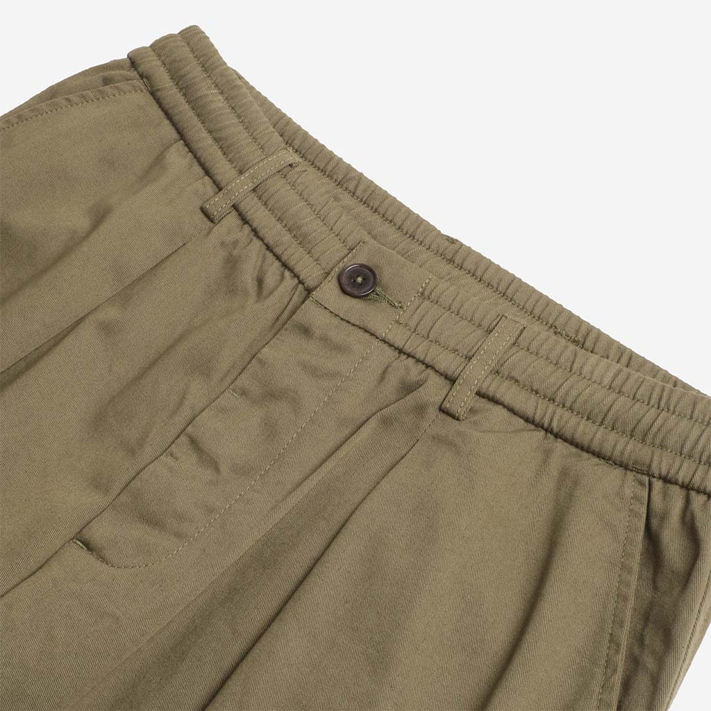 Universal Works Pleated Track Pant, Light Olive Twill, Detail Shot 2