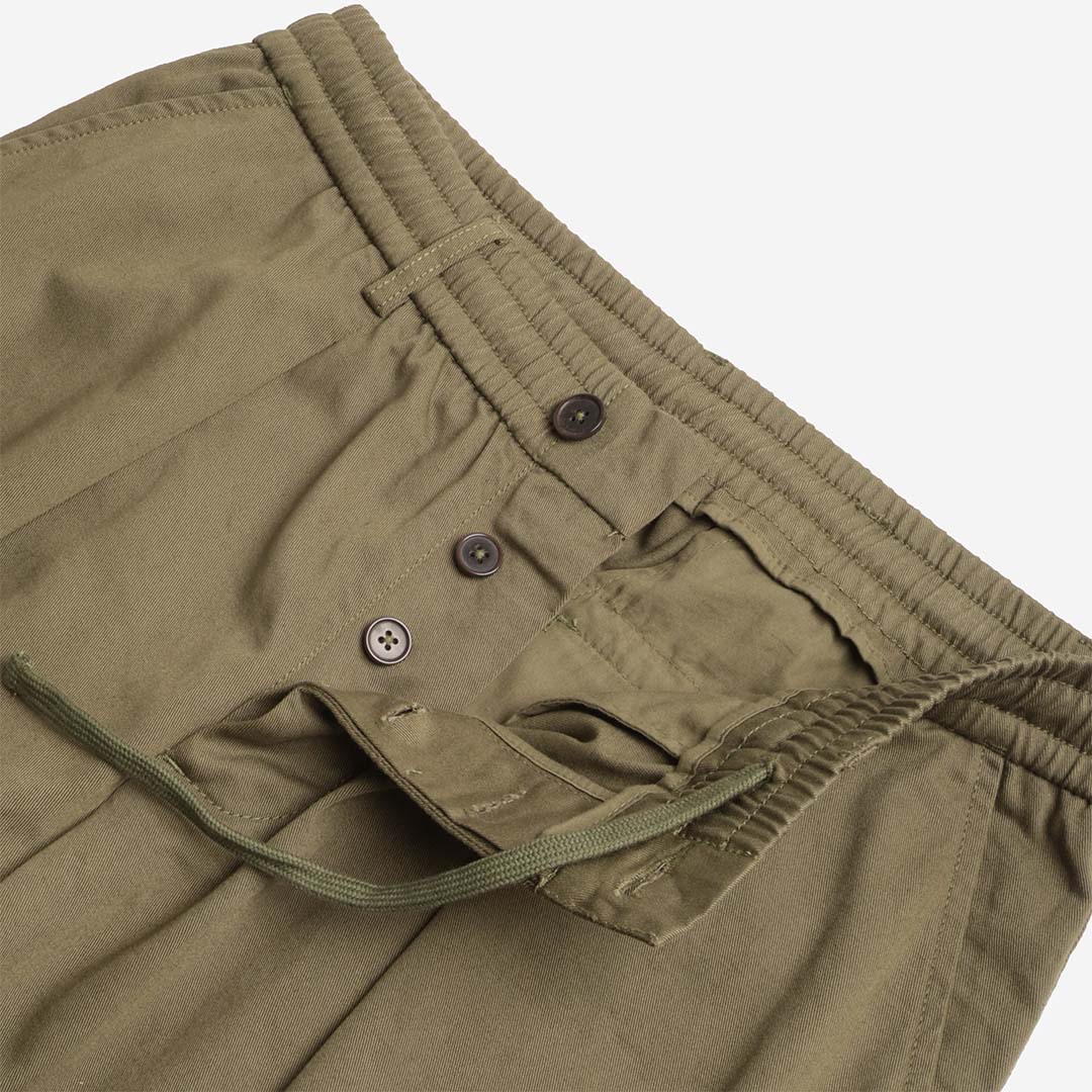 Universal Works Pleated Track Pant, Light Olive Twill, Detail Shot 3