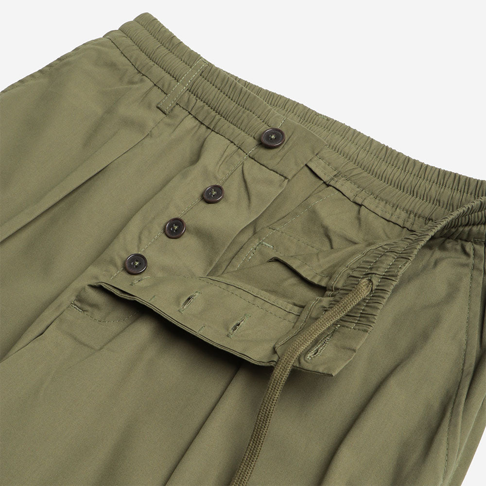 Universal Works Pleated Track Pant, Olive Recycled Poly Tech, Detail Shot 3