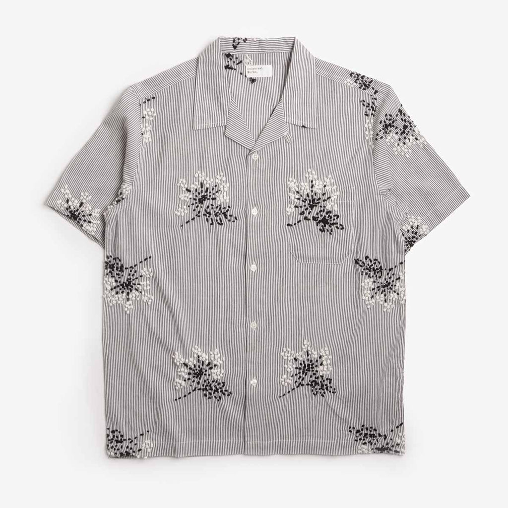Universal Works Road Shirt, Grey Hand Embroidered Stripe Cotton, Detail Shot 1