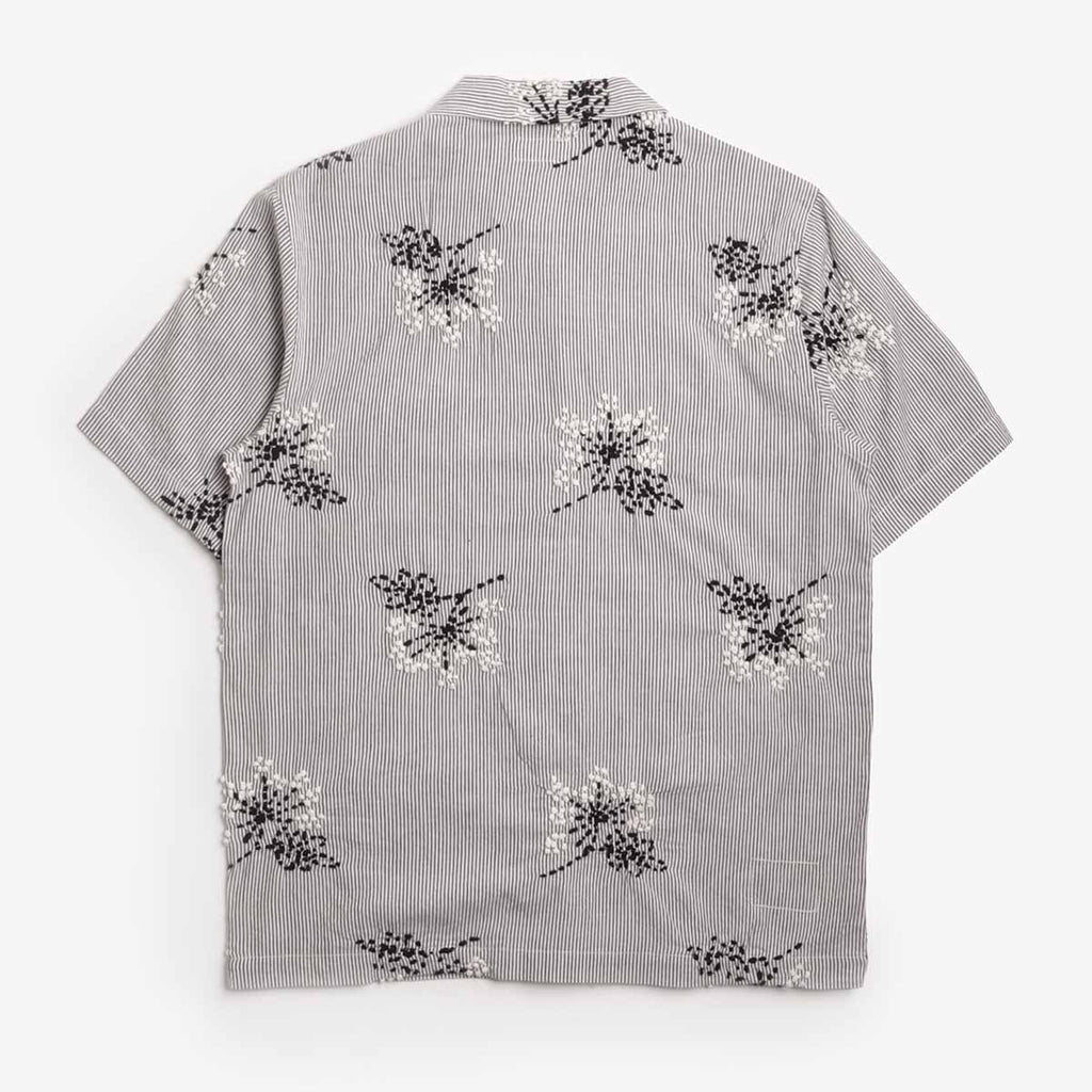 Universal Works Road Shirt, Grey Hand Embroidered Stripe Cotton, Detail Shot 2