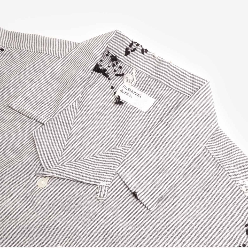 Universal Works Road Shirt, Grey Hand Embroidered Stripe Cotton, Detail Shot 3