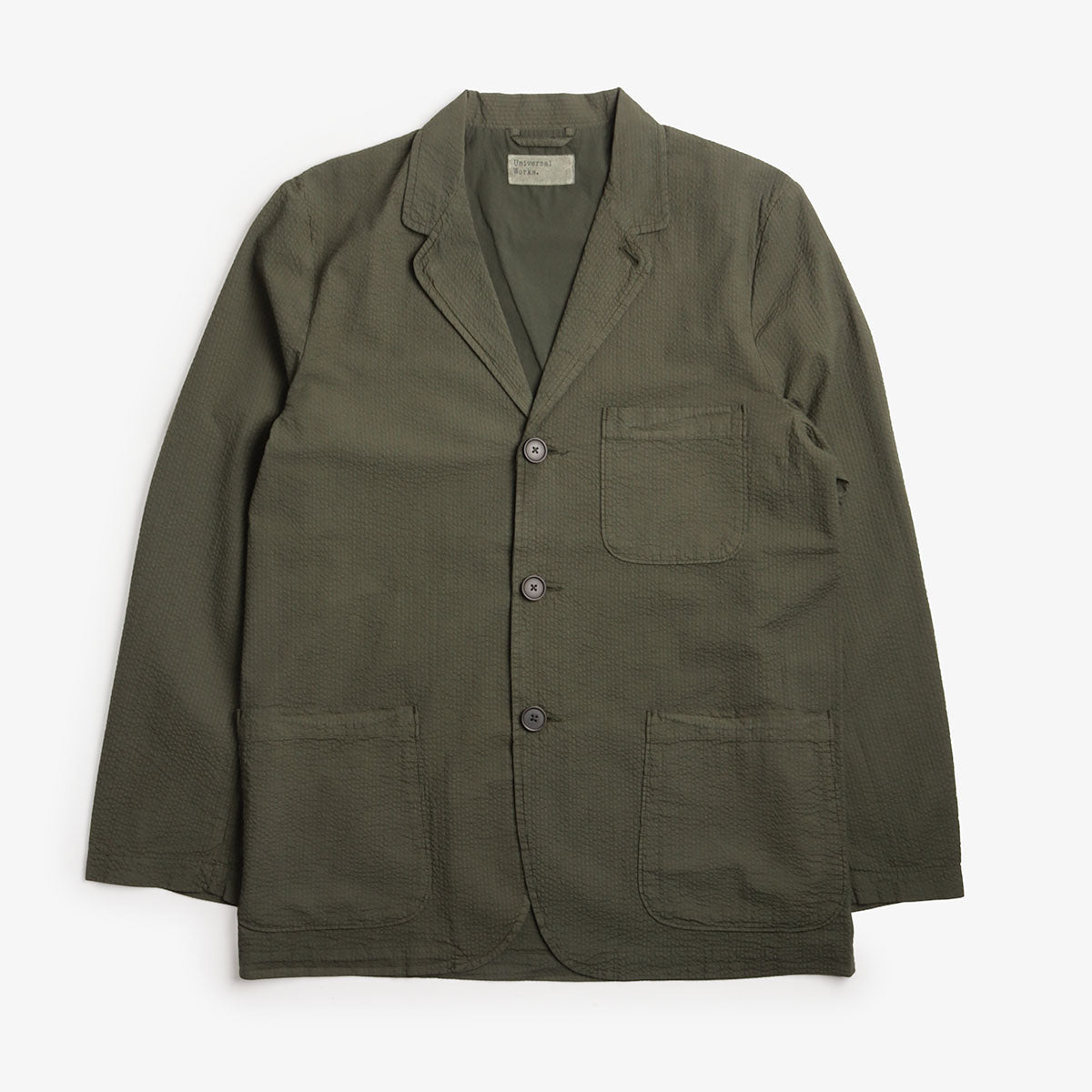 main Universal Works Three Button Jacket, Merida Seersucker Olive, Detail Shot 1