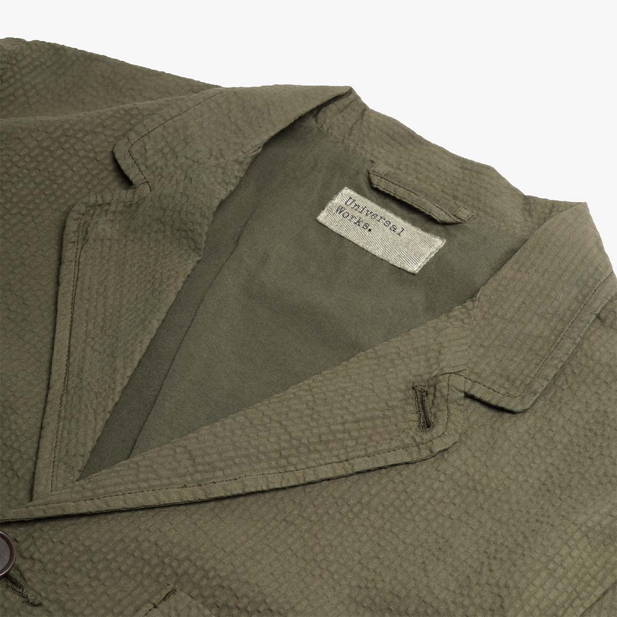 Universal Works Three Button Jacket, Merida Seersucker Olive, Detail Shot 3