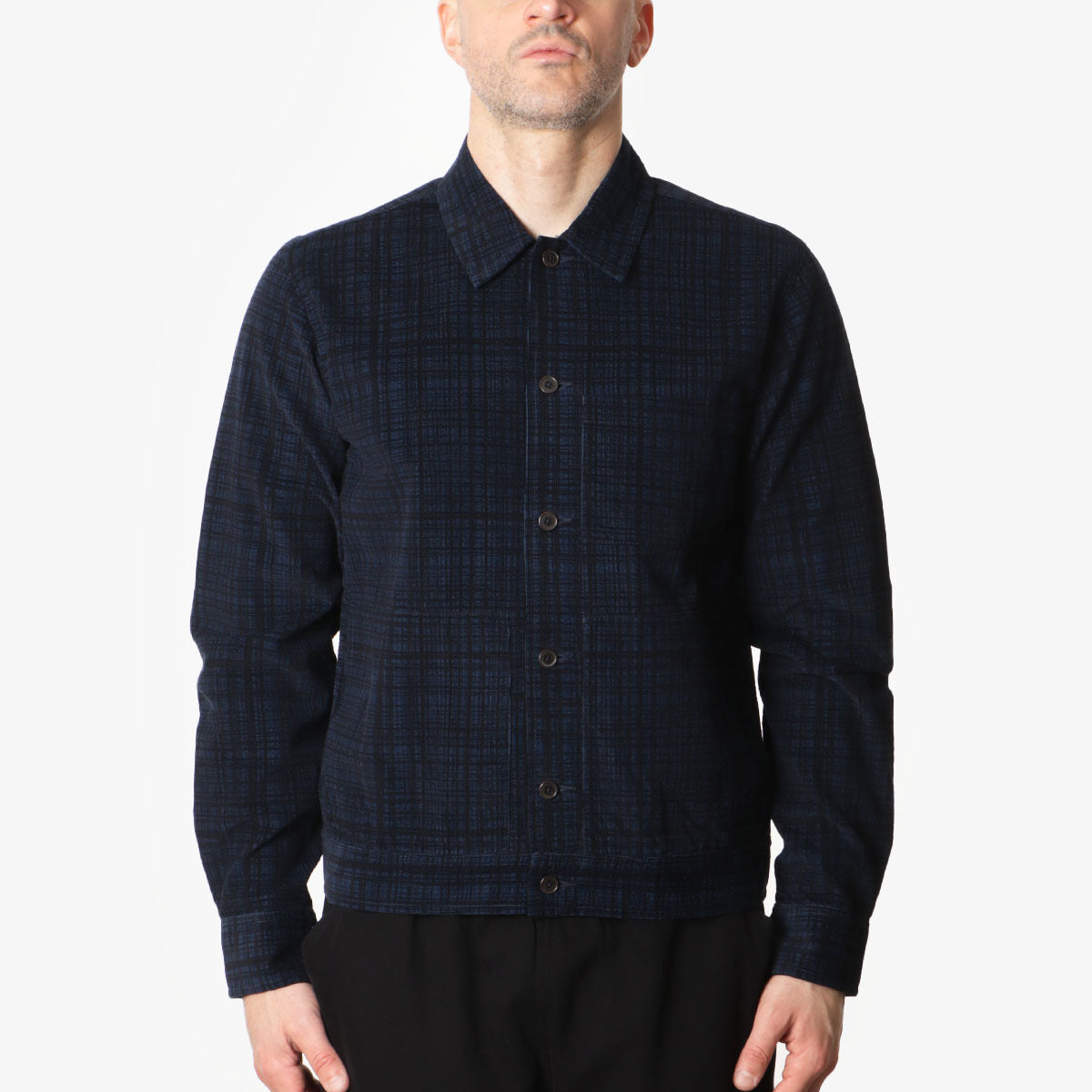 Universal Works Uniform Jacket, Navy Check Cord Seersucker, Detail Shot 1