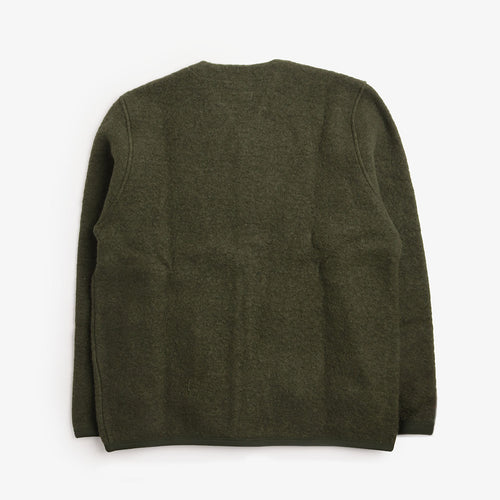 Universal Works Wool Fleece Cardigan in Olive, back view