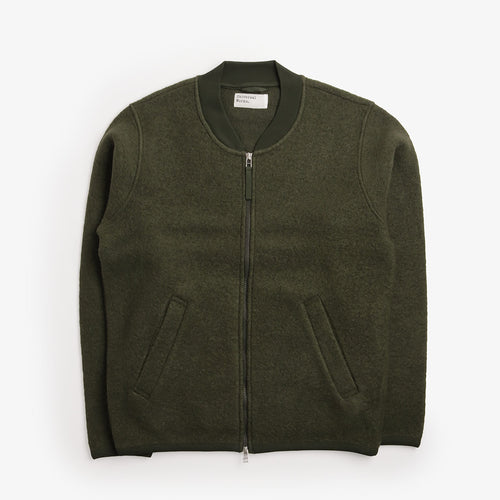 Universal Works Wool Fleece Zip Bomber in Olive, front view