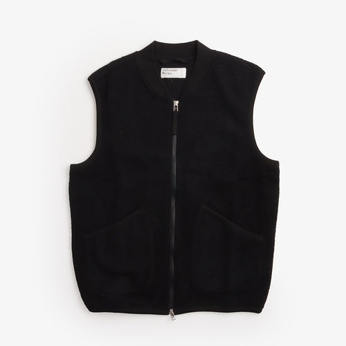 Universal Works Wool Fleece Zip Waistcoat in Black, front view