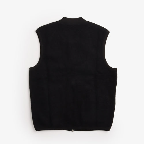 Universal Works Wool Fleece Zip Waistcoat in Black, back view