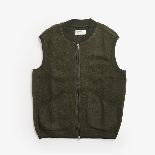 Universal Works Wool Fleece Zip Waistcoat in Olive, front view