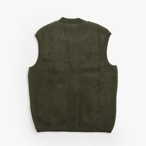 Universal Works Wool Fleece Zip Waistcoat in Olive, back view