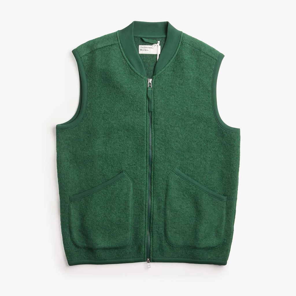 Universal Works Zip Waistcoat, Wool Fleece Green, Detail Shot 1