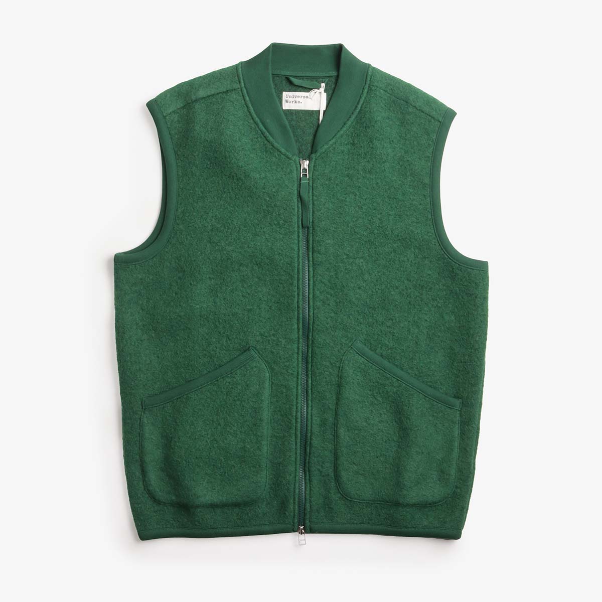 Universal Works Zip Waistcoat, Wool Fleece Green, Detail Shot 1