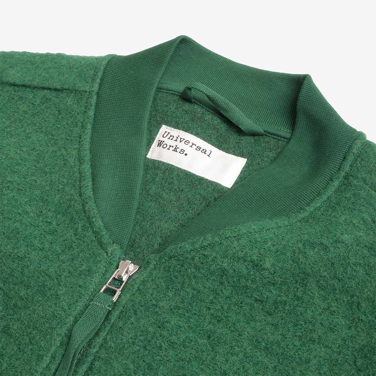 Universal Works Zip Waistcoat, Wool Fleece Green, Detail Shot 2