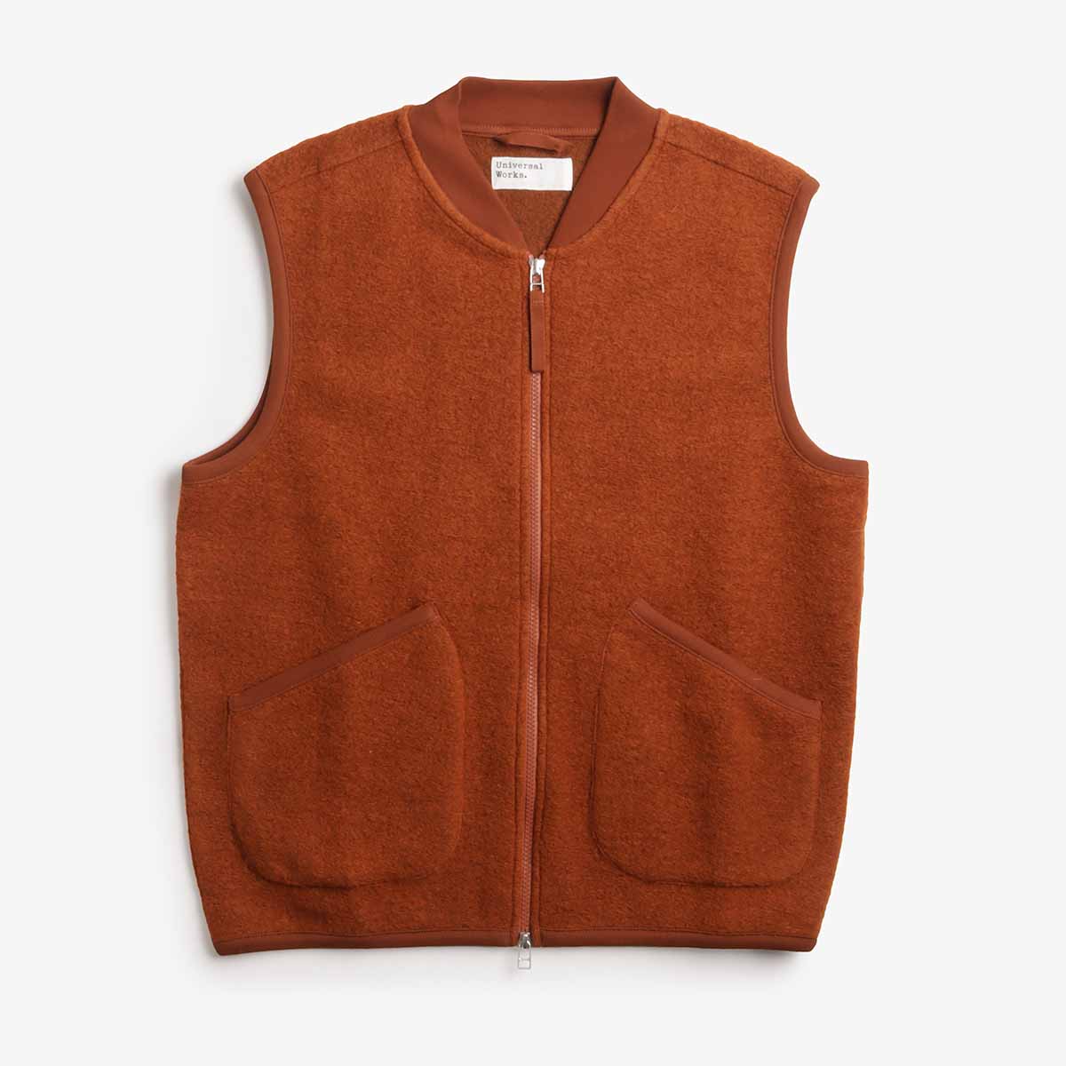 Universal Works Zip Waistcoat, Wool Fleece Rust, Detail Shot 1