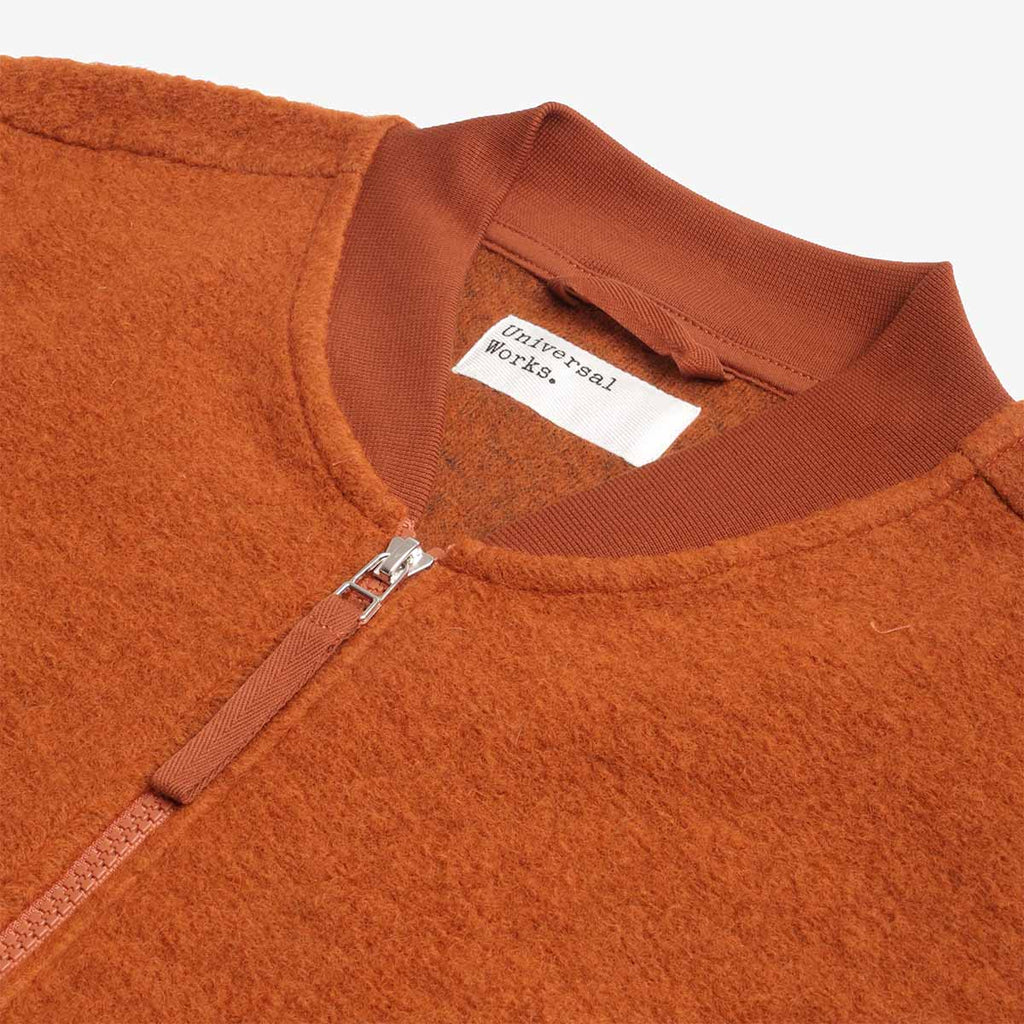 Universal Works Zip Waistcoat, Wool Fleece Rust, Detail Shot 2