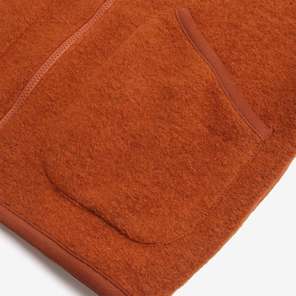 Universal Works Zip Waistcoat, Wool Fleece Rust, Detail Shot 3