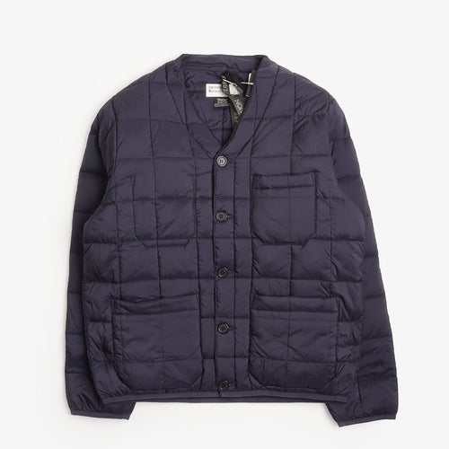 Universal Works x Taion Soft Shell Down Cardigan in Navy, front view