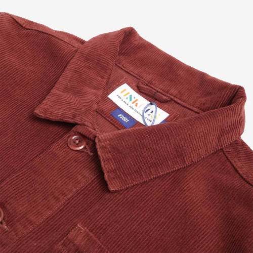 Collar with Uskees woven label, Deep Wine corduroy overshirt