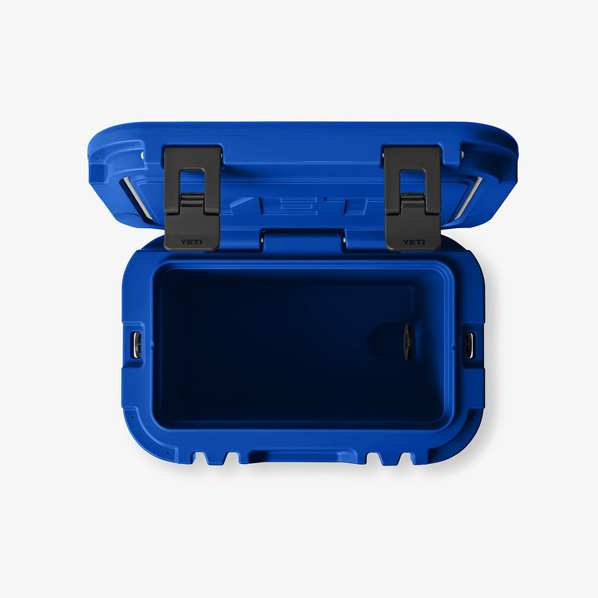Open lid showing insulated interior, royal blue YETI Roadie
