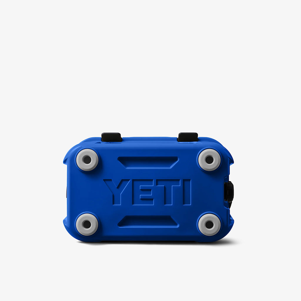 Top view with YETI logo, royal blue Roadie 24 cool box
