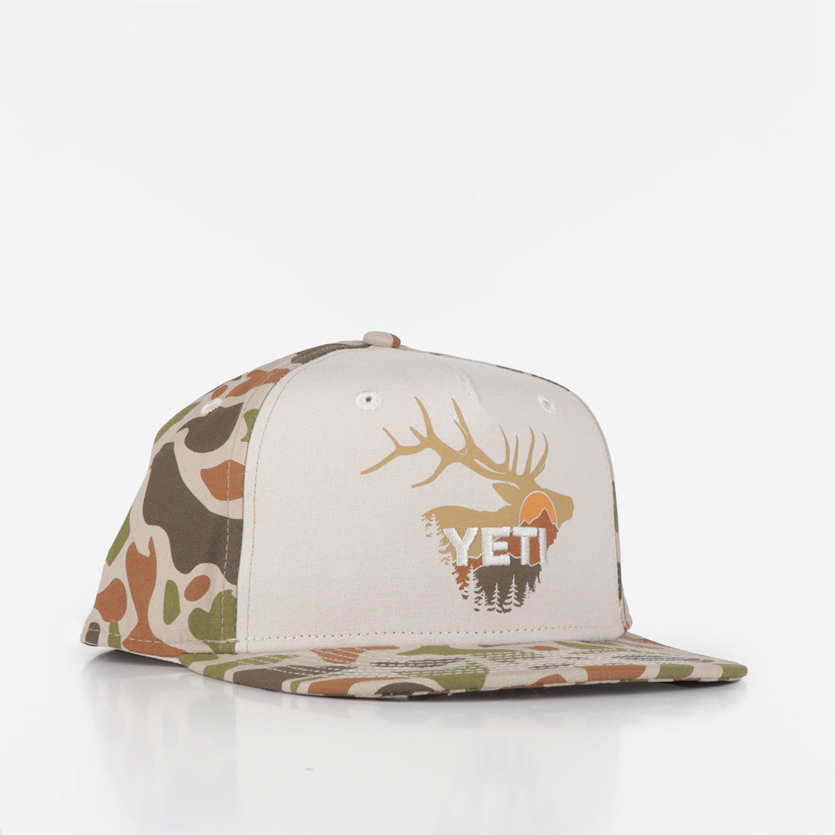 YETI Sunrise Elk Flat Brim Hat, Tan Brown Camo, Detail Shot 1