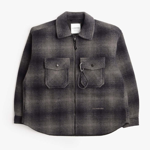 And Wander Wool Shaggy Check Zip Jacket in Charcoal, front view