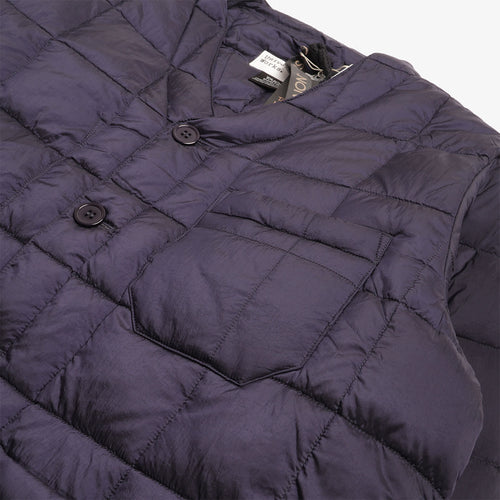 Collarless neckline with Universal Works and Taion labels, Navy down cardigan