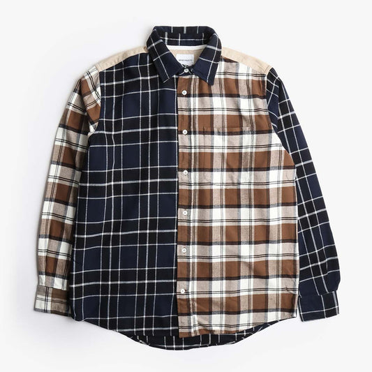 Norse Projects Algot Mixed Flannel Check Shirt, Dark Navy, Detail Shot 1