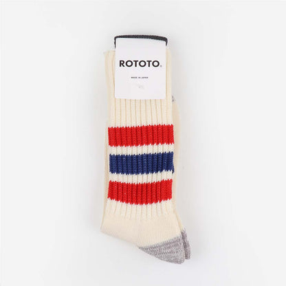 Rototo Coarse Ribbed Old School Crew Socks, Chili Red Blue, Detail Shot 2
