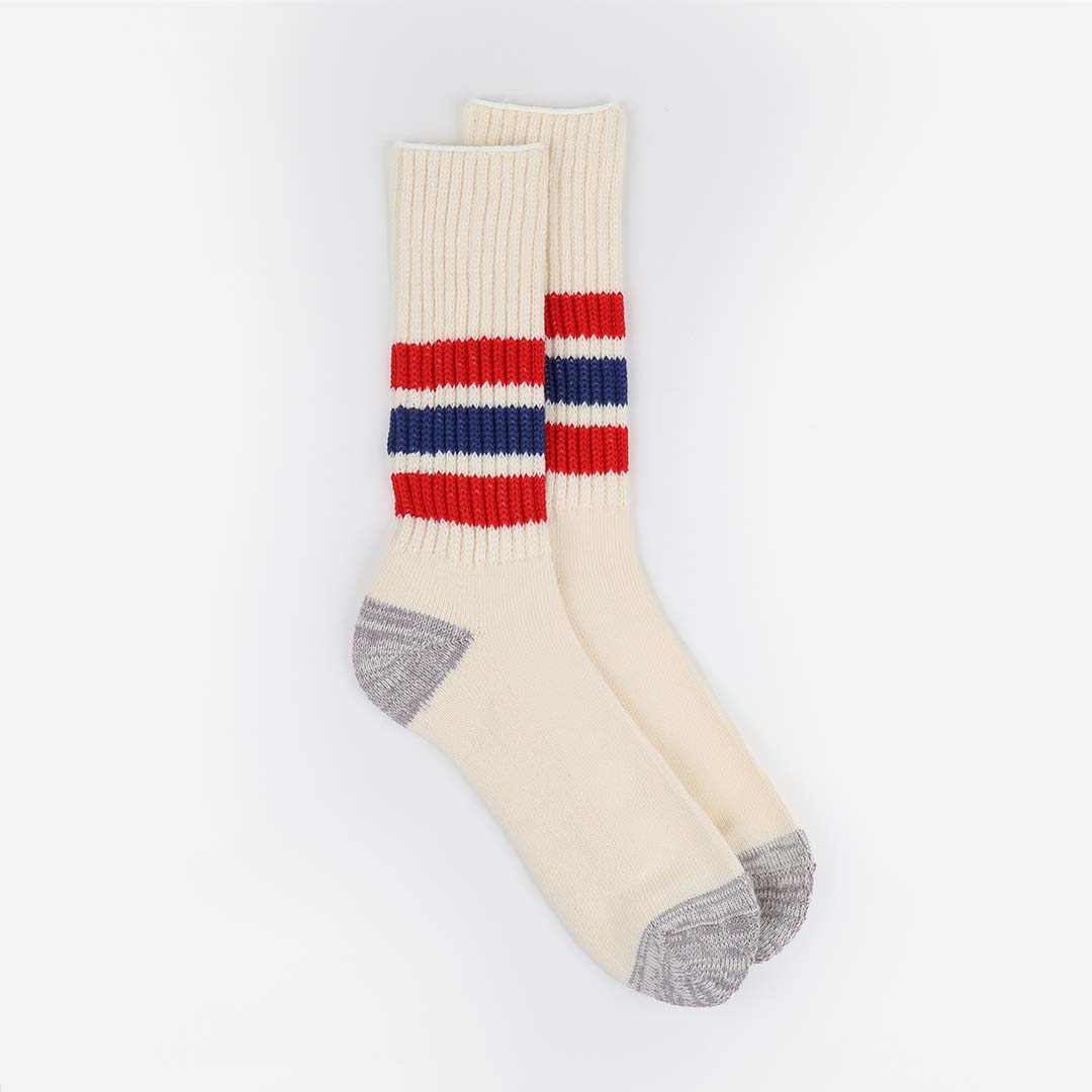 Rototo Coarse Ribbed Old School Crew Socks, Chili Red Blue, Detail Shot 1