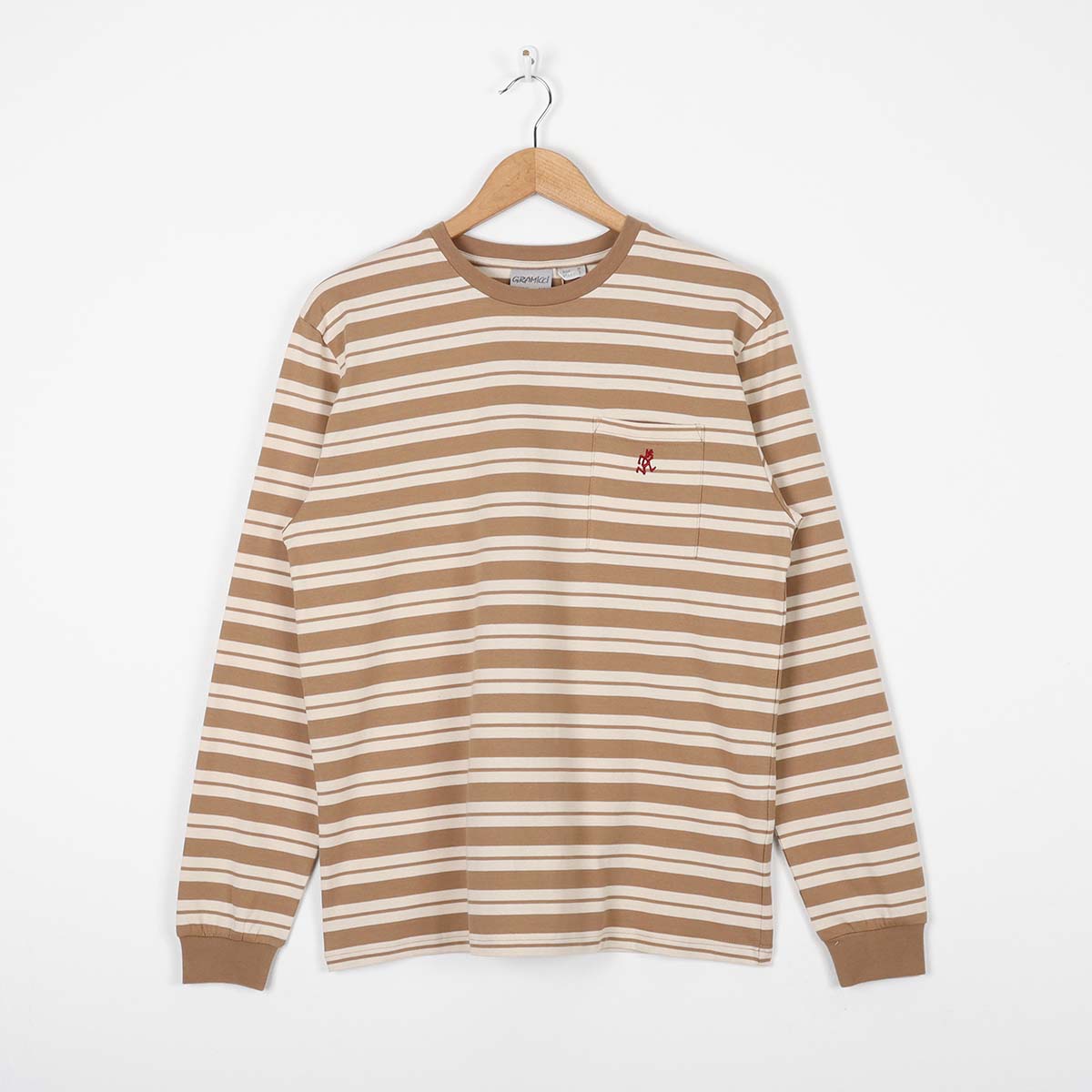 Gramicci Striped One Point Long Sleeve T-shirt, Brown Ivory, Detail Shot 1