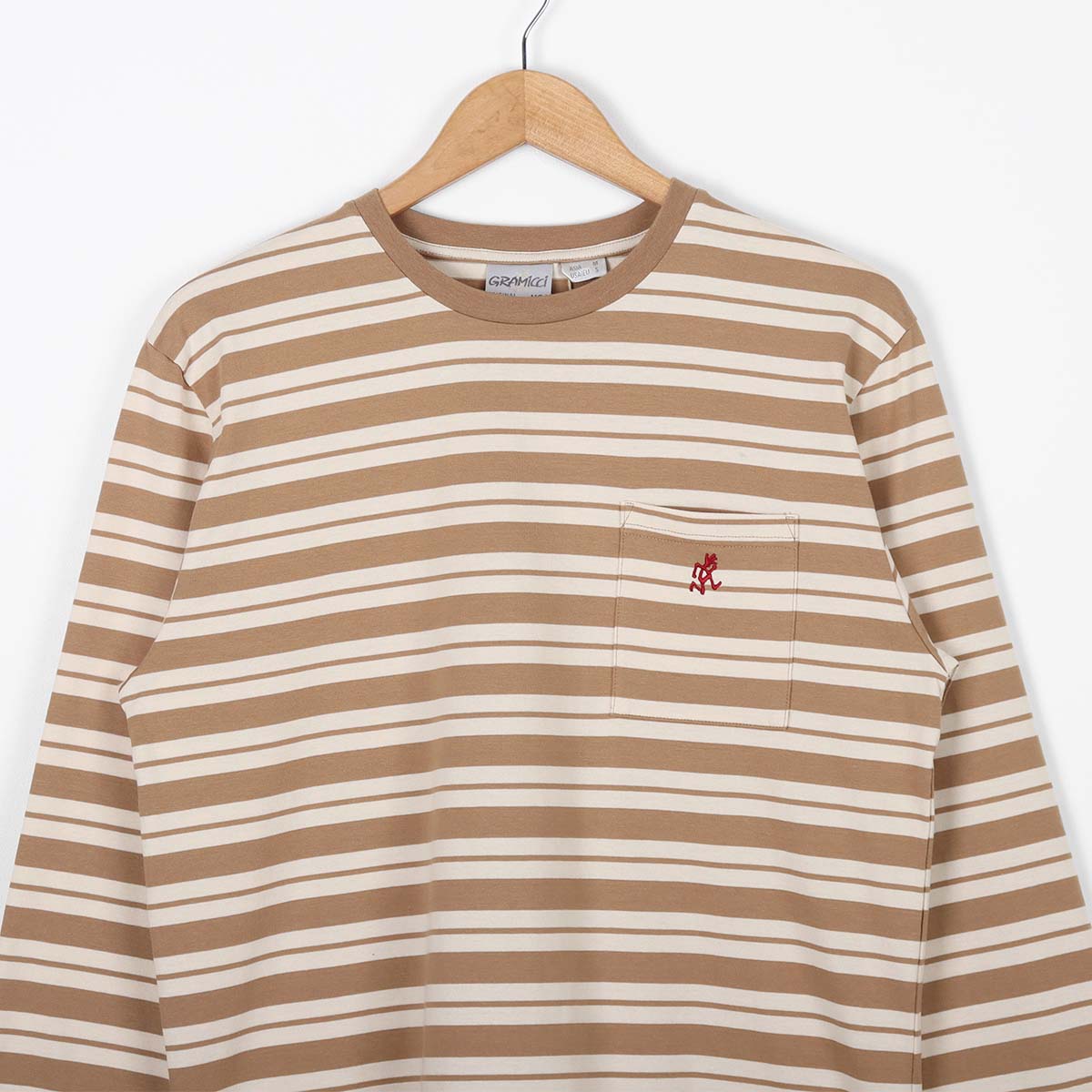 Gramicci Striped One Point Long Sleeve T-shirt, Brown Ivory, Detail Shot 2