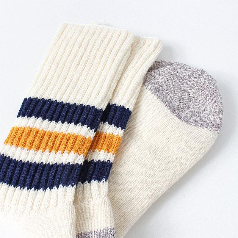 Rototo Coarse Ribbed Old School Crew Socks, Navy Yellow, Detail Shot 2