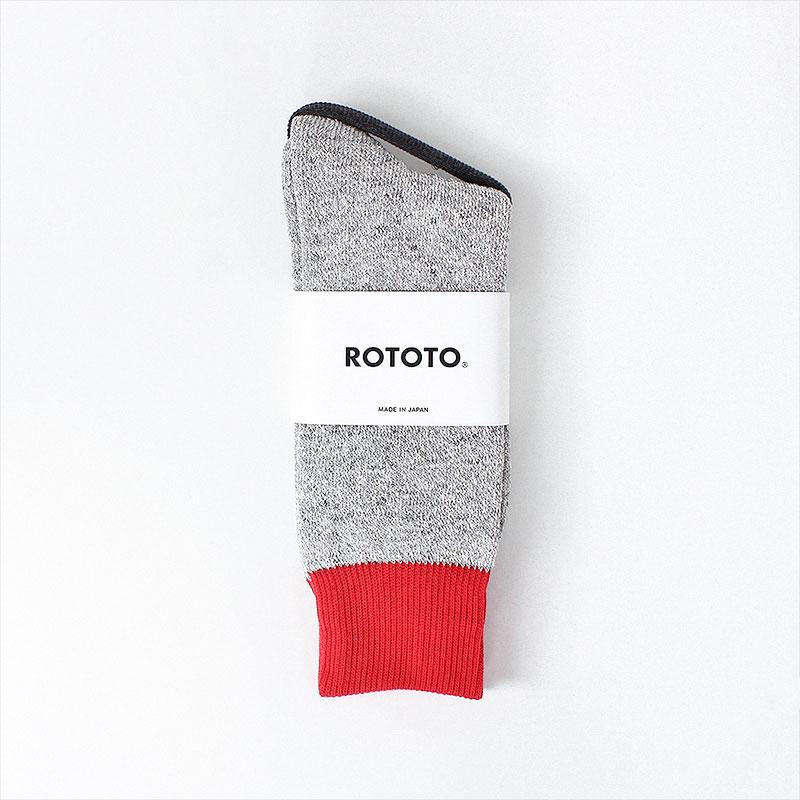 Rototo Double Face Crew Socks, Red Light Grey, Detail Shot 2